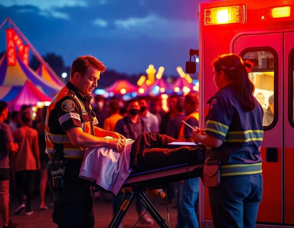 Two medical professionals assisting a patient at a crowded event, providing emergency medical transport services.