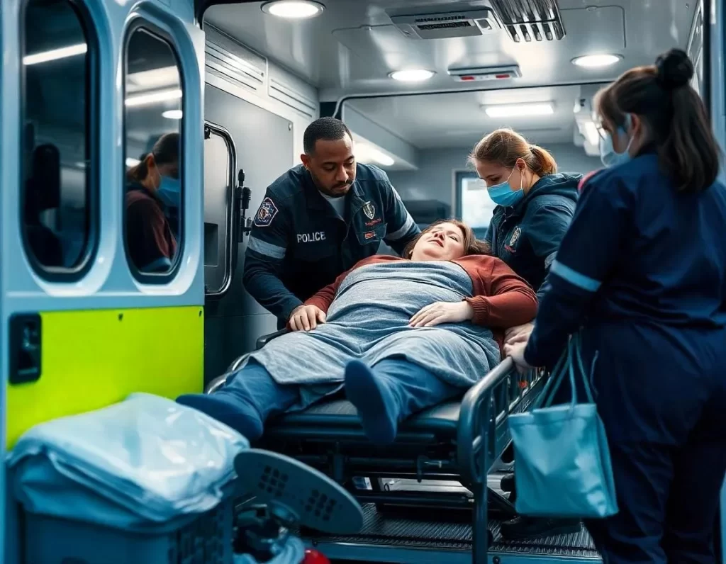 Three medical professionals assisting an obese woman with bariatric transport, ensuring safety and comfort during the transfer.