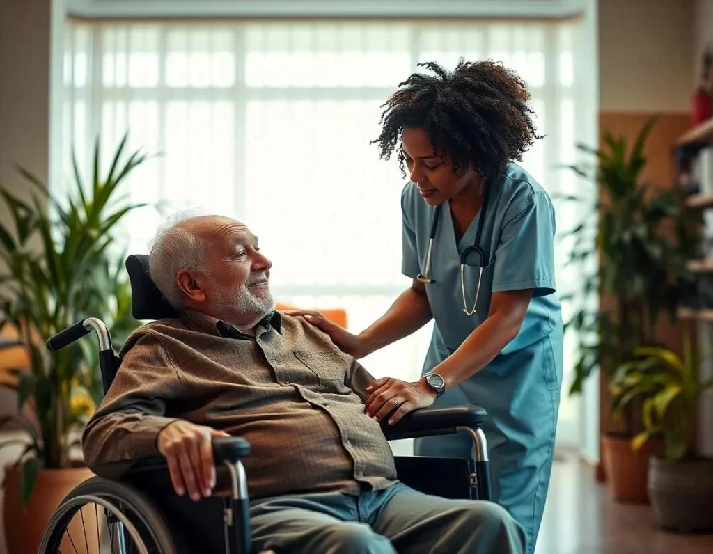Female healthcare worker helping an elderly man in a wheelchair at a hospital.