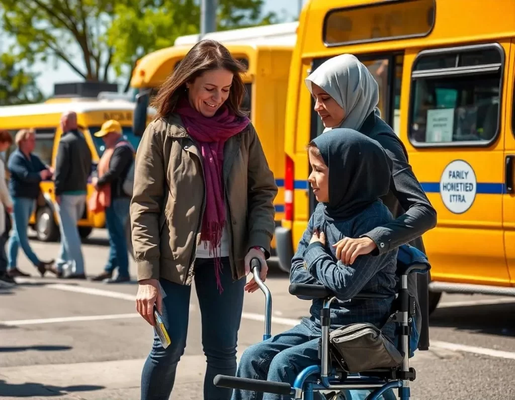 Child in a wheelchair being dropped off by special needs transport for students, with two assistants providing support.