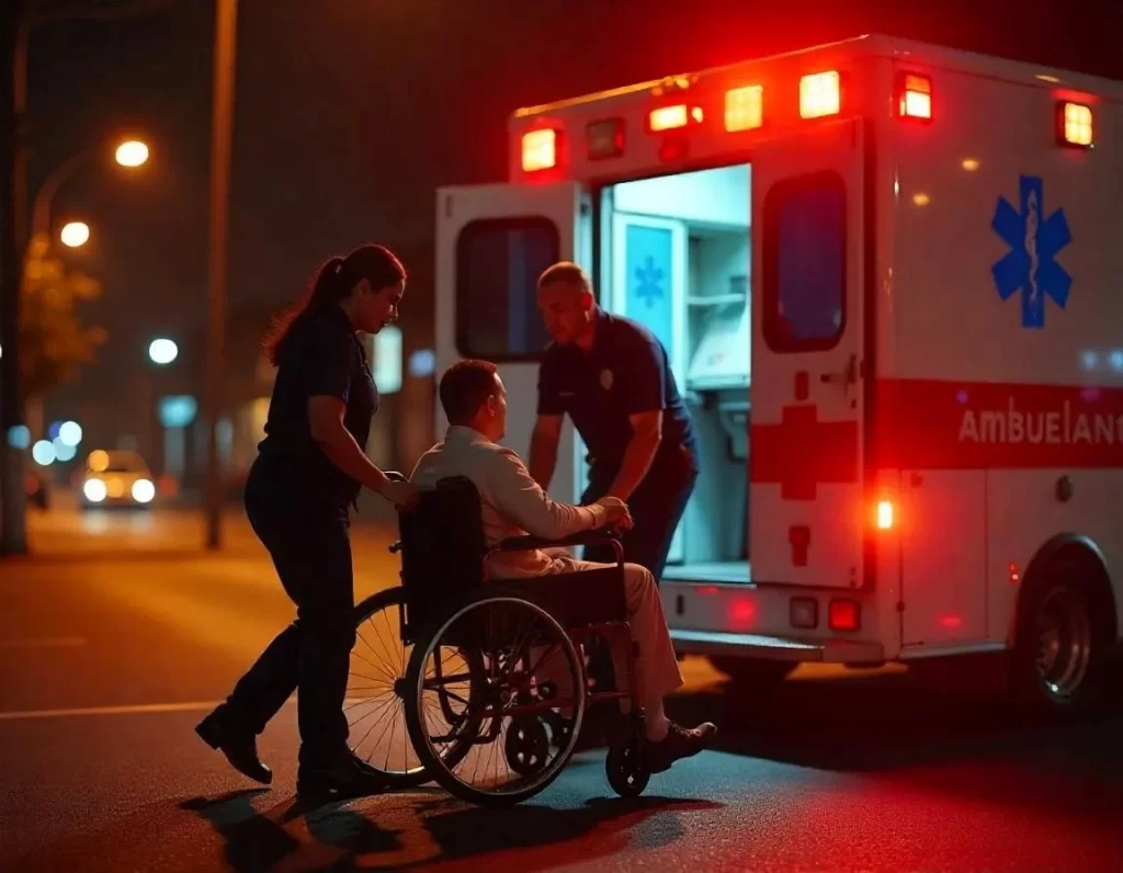Two medical professionals helping a man with special needs into wheelchair transportation.