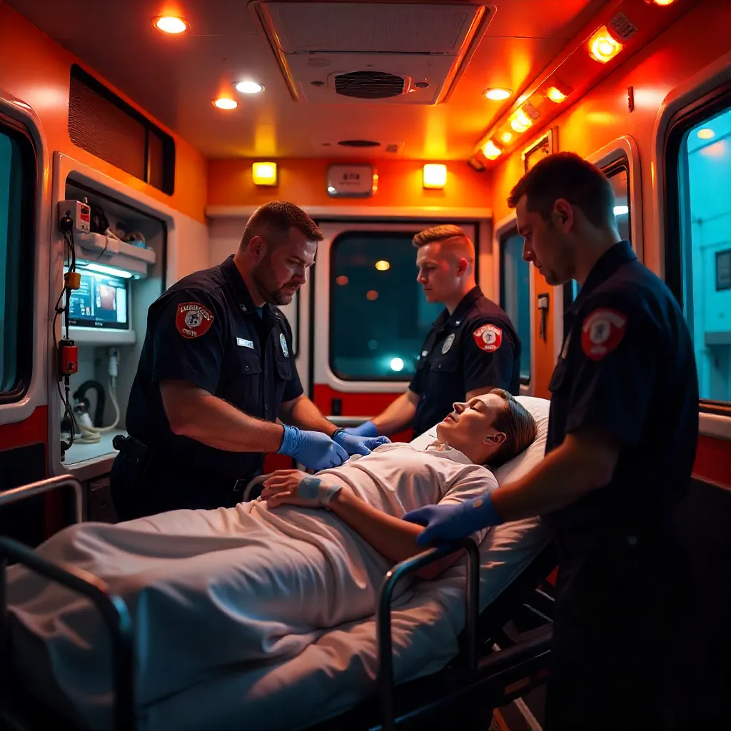 Medical staff is assisting a patient inside an ambulance