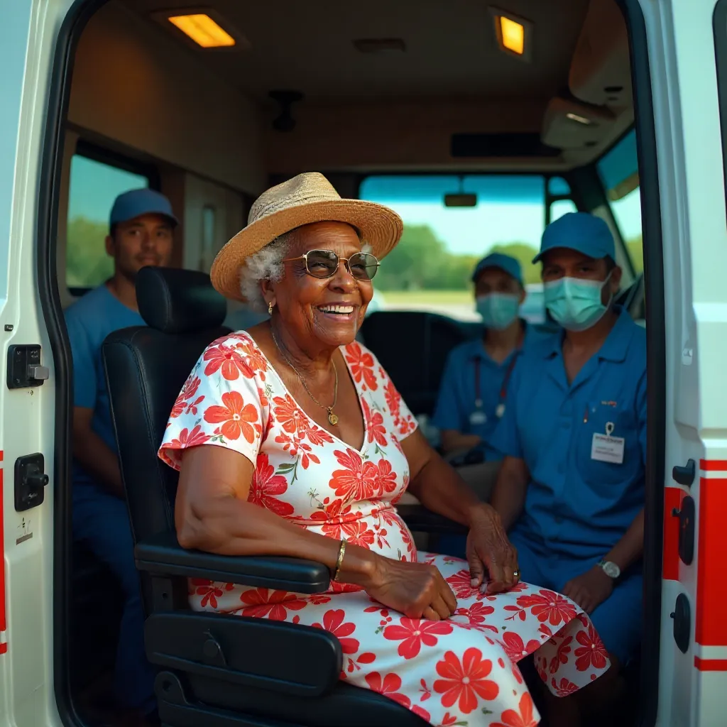 An elderly woman is assisted for BLS on an ambulance by EMTs
