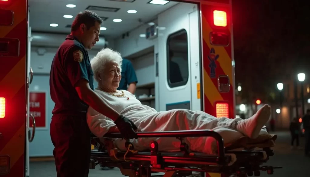 A paramedic carefully assisting an elderly woman on a stretcher as he transports her from the ambulance to her routine non-emergency medical transportation.