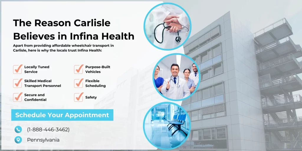 Medical Standby Events in Carlisle Infina Health also offers medical standby on-site services at community functions, school events and other community gatherings in the surrounding townships in the Carlisle area: • Festivals, 5K, and Local Fairs • School Sports Events and Grad and Ceramics • Religious gatherings / religious events • Business Meeting and Building Sites • Special Events, Galas and Public Parties Our skilled personnel are ready to be present on site in case of necessary care provision-which leaves both the organizers and attendees very relieved. School, Agencies and Group Transport Services Infina Health collaborates directly with the local schools, adult day centres, waiver programs, and care agencies in Carlisle to schedule transport that is both studious and compliant with safety and design: • School District Transport Special Needs • Group Shuttle Programs and Paratransit • Waiver and brokered Transport Services • Family Private-Pay Coordination • Fiscal Management Agencies Programs Our service allows flexible schedules, repeat rides along with constant contact with families and coordinators. Life and Personal Mobility in Carlisle Infina Health is not only worth calling when one has an issue with healthcare. We are also available to enterprises which offer Private-pay mode of transport of personal and social happenings of life, such as: • Weddings, Funerals and Religious Services • Community Events, Social Get-togethers and Family Reunions • Salon Bookings, Lawyer Check-ups and Shopping • Dining out, Movie dates and theatre Nights • Lifestyle trips are discreet, confidential and professional The Reason Carlisle Believes in Infina Health Apart from providing affordable wheelchair transport in Carlisle, here is why the locals trust Infina Health: • Locally Tuned Service: We are familiar with the pattern of Carlisle; hospital halls to suburban streets. • Purpose-Built Vehicles: All vans are equipped to be safe and comfortable and easily accessible. • Skilled Medical Transport Personnel: EMTs and drivers who would be trained regarding medical and non-medical care demands. • Flexible Scheduling: It does not matter whether it is a one-time ride or a regular trip since we fit into your schedule. • Secure and Confidential: All trips are considered with high regard and full confidentiality. • Safety: For utmost these are provided with ADA compliant wheelchair transport Cumberland in County.